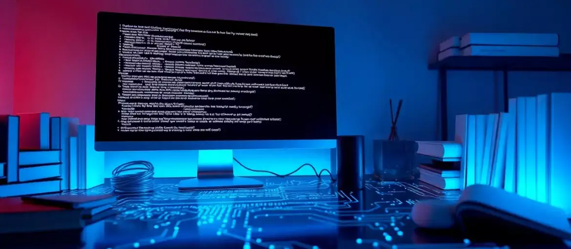 Espacio de trabajo moderno con monitor mostrando código complejo, libros técnicos ordenados y patrón digital sobre escritorio.