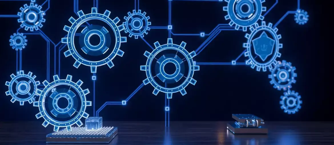 Espacio de trabajo moderno con engranajes transparentes y circuitos iluminados que representan automatización avanzada.
