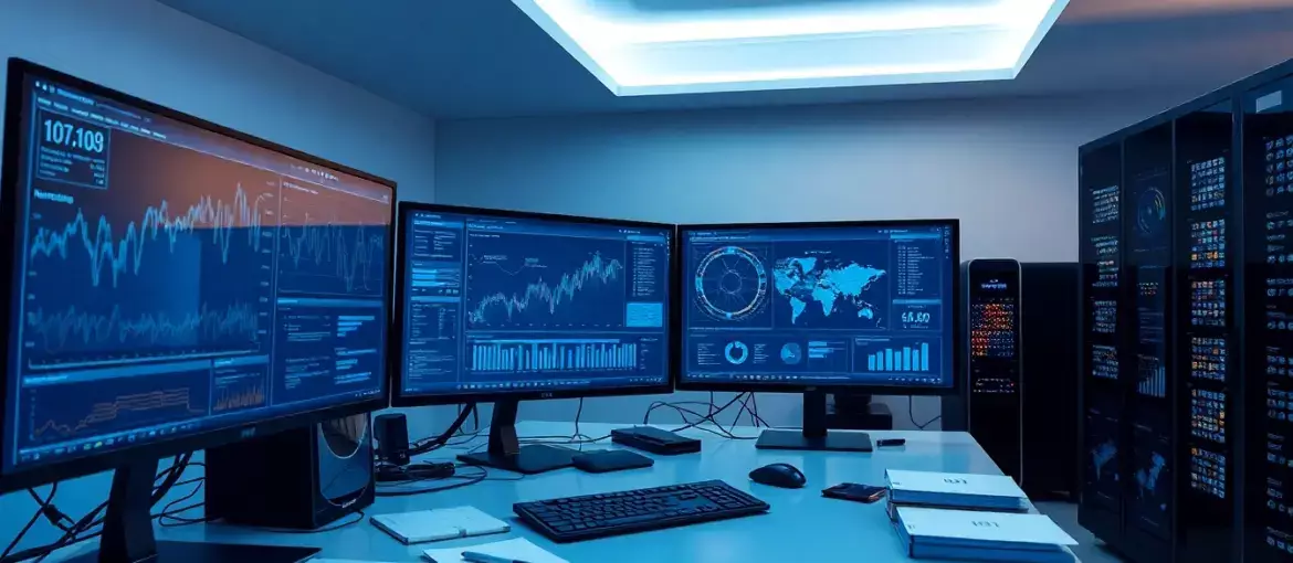 Espacio de trabajo moderno con monitores mostrando visualizaciones de datos financieros y servidores tecnológicos en ambiente azul.