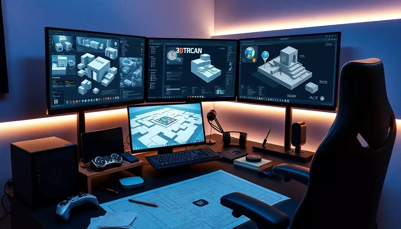 Espacio de trabajo moderno con computadora para diseño de videojuegos 3D y accesorios ergonómicos en ambiente creativo.
