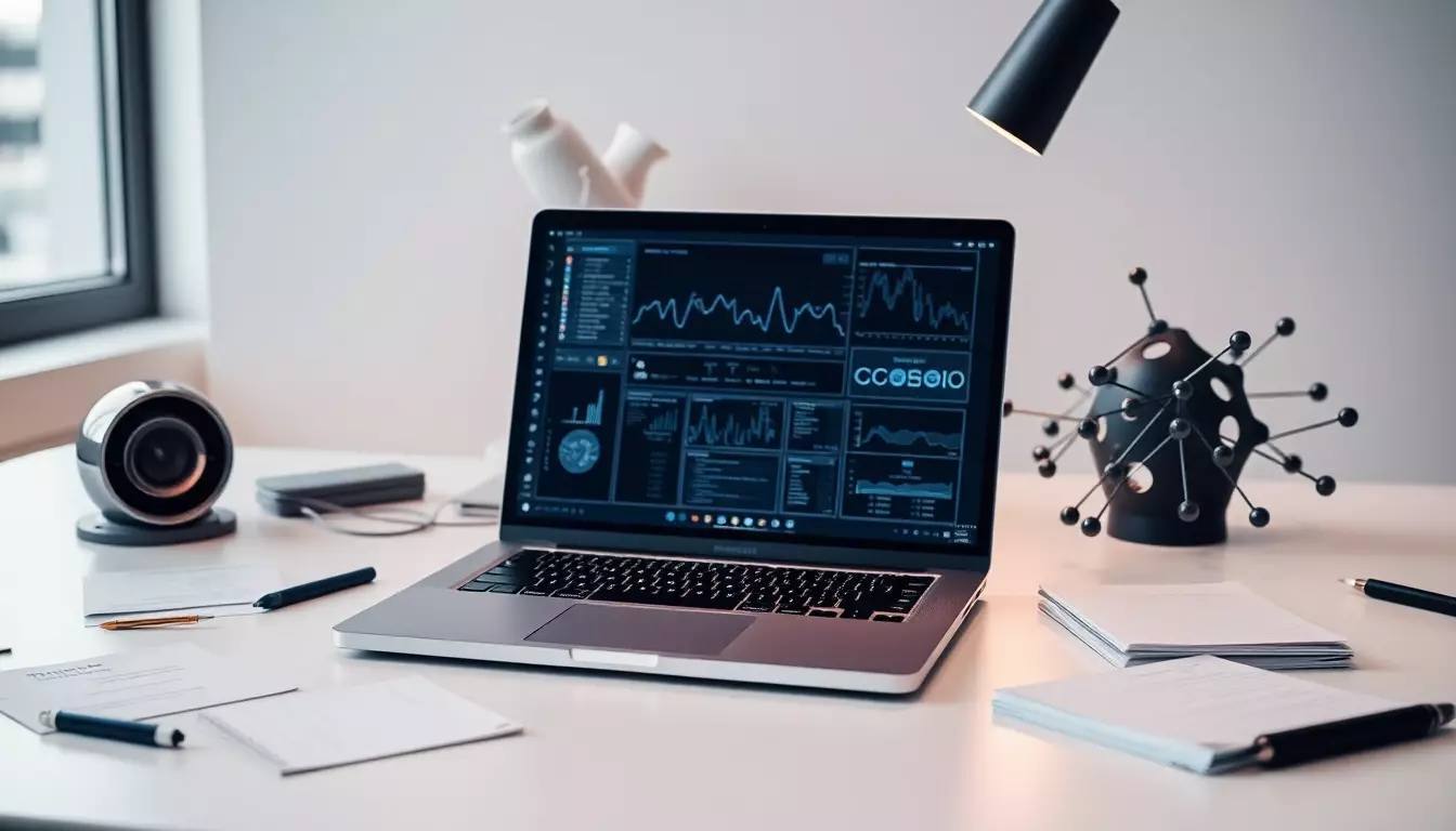 Escritorio moderno con laptop mostrando visualizaciones de datos financieros, notas dispersas y escultura de red neuronal futurista.