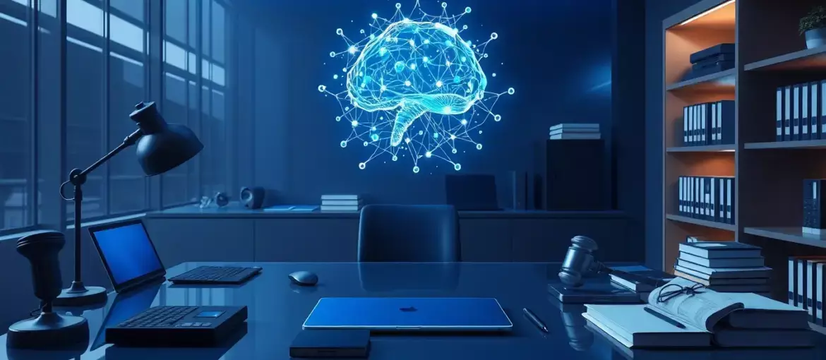 Espacio de trabajo moderno con holograma de red neuronal sobre escritorio de vidrio y libros legales bajo luz azul profesional.
