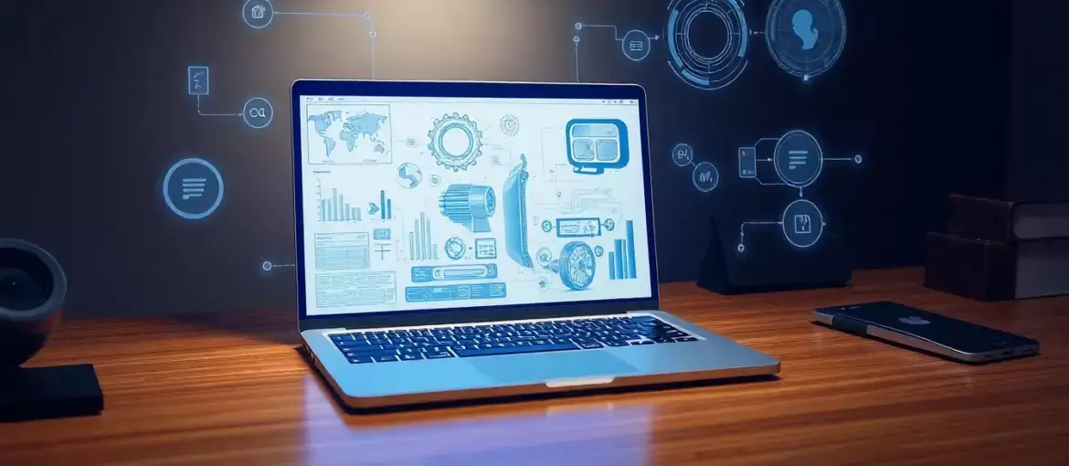 Espacio de trabajo moderno con laptop mostrando planos 3D complejos y elementos holográficos de interfaz AI sobre escritorio pulido.