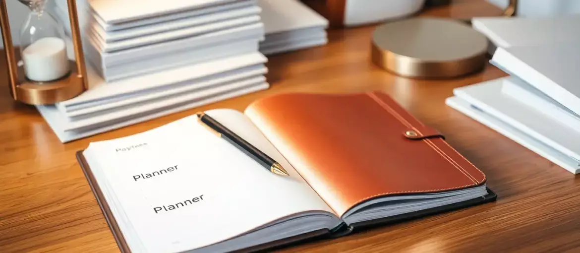 Espacio de trabajo ordenado con planificador de cuero abierto, documentos organizados y reloj de arena vintage sobre escritorio.