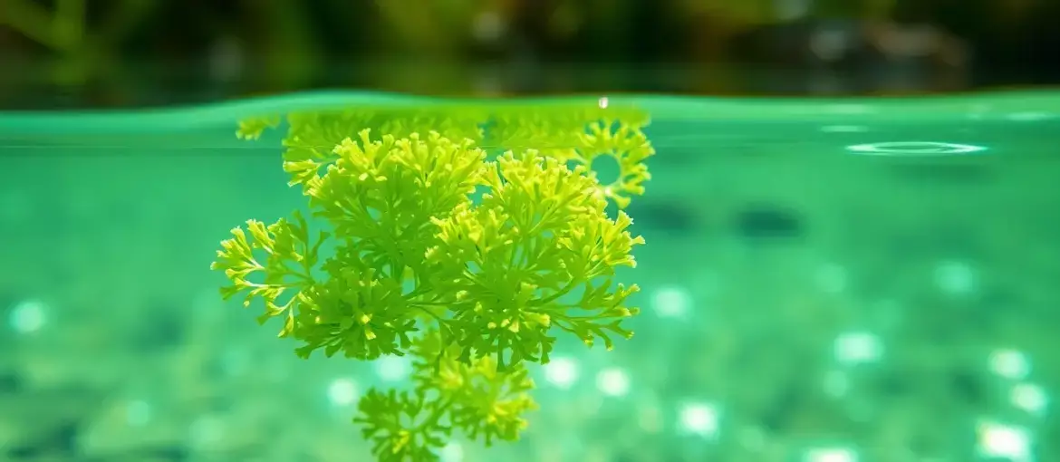 Microalgas verdes flotando en agua cristalina con plantas acuáticas, reflejando sostenibilidad y equilibrio natural.