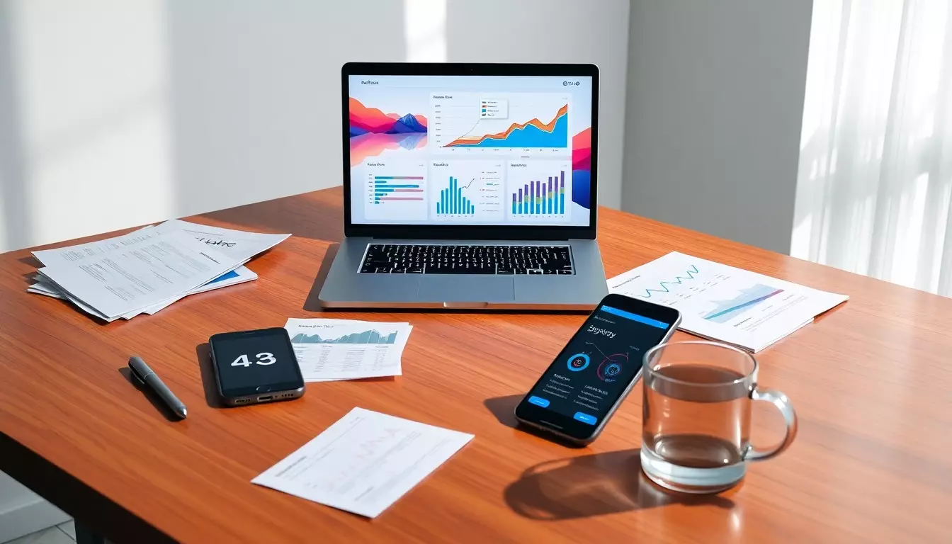 Espacio de trabajo moderno con escritorio de madera, laptop con gráficos financieros y smartphone con análisis de ventas.