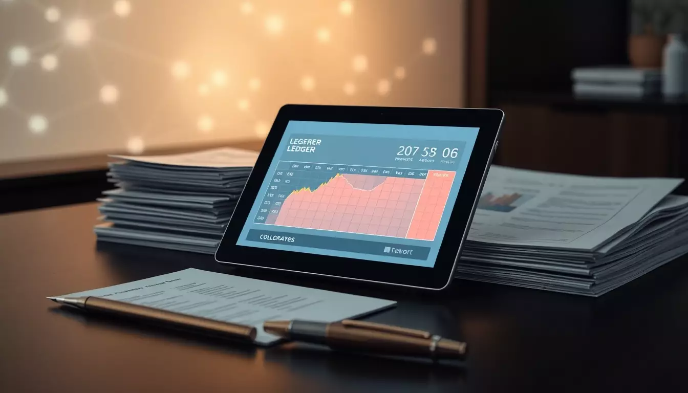 Escritorio moderno con registro digital brillante en tablet, reportes financieros ordenados y fondo con formas geométricas abstractas.