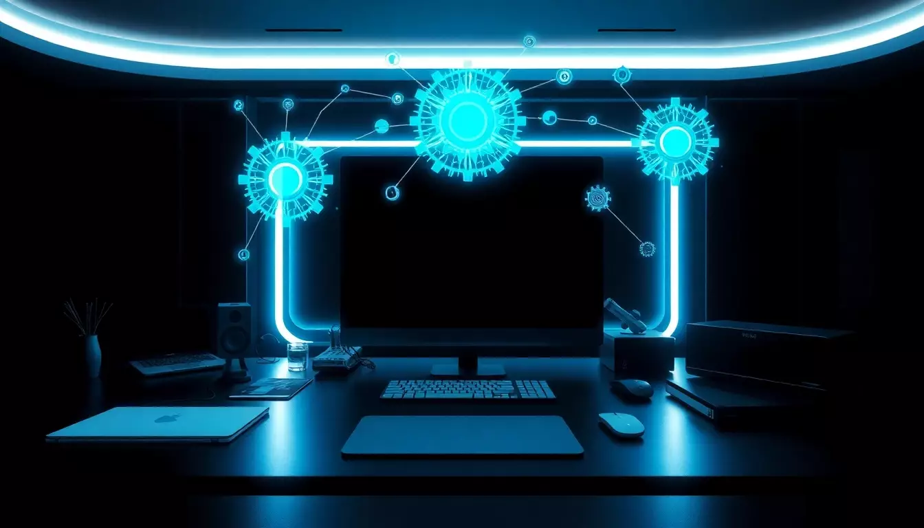 Espacio de trabajo moderno con holograma digital de iconos científicos y tecnológicos, iluminación azul y dispositivos futuristas.