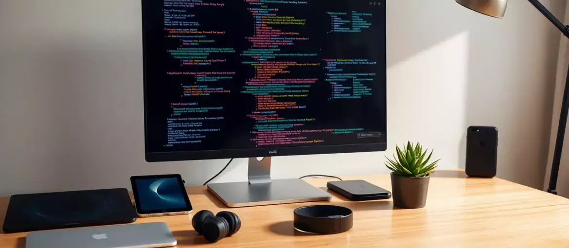 Espacio de trabajo moderno con monitor mostrando código colorido, tabletas digitales y suculenta en escritorio de madera pulida.