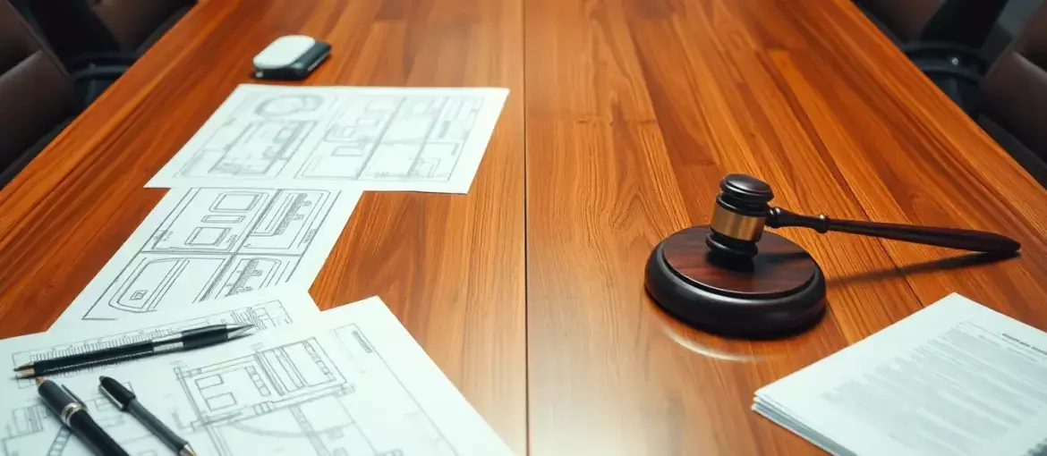 Mesa de conferencia de madera con planos, herramientas de ingeniería y documentos legales junto a un mazo bajo luz profesional.