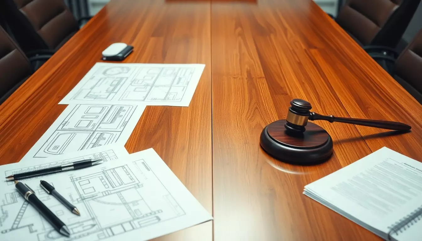 Mesa de conferencia de madera con planos, herramientas de ingeniería y documentos legales junto a un mazo bajo luz profesional.