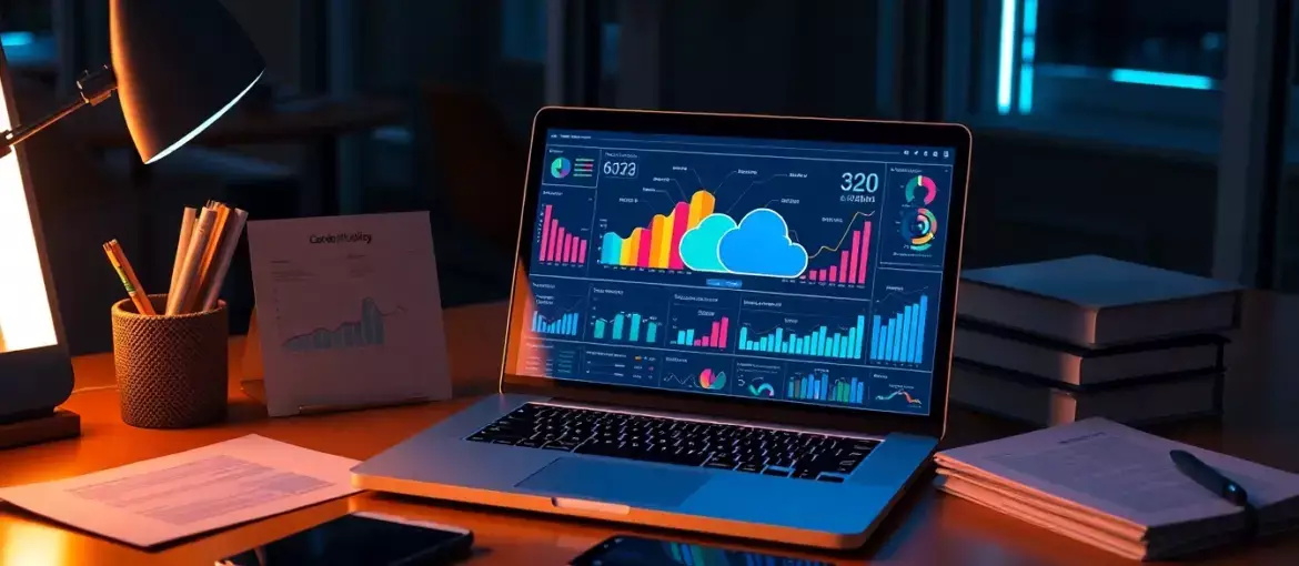 Espacio de trabajo moderno con laptop mostrando gráficos de datos y documentos organizados en ambiente de gestión empresarial digital.