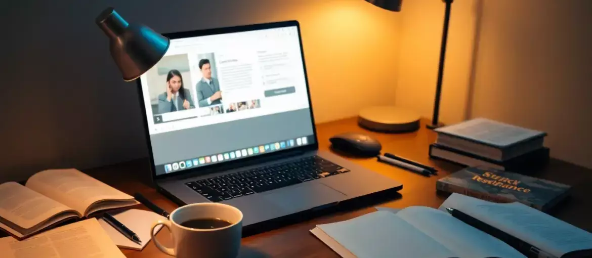 Escritorio ordenado con laptop abierta en clase virtual, libros y café, luz cálida, creando ambiente de estudio y enfoque legal.
