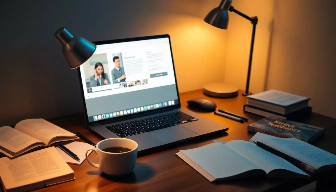 Escritorio ordenado con laptop abierta en clase virtual, libros y café, luz cálida, creando ambiente de estudio y enfoque legal.