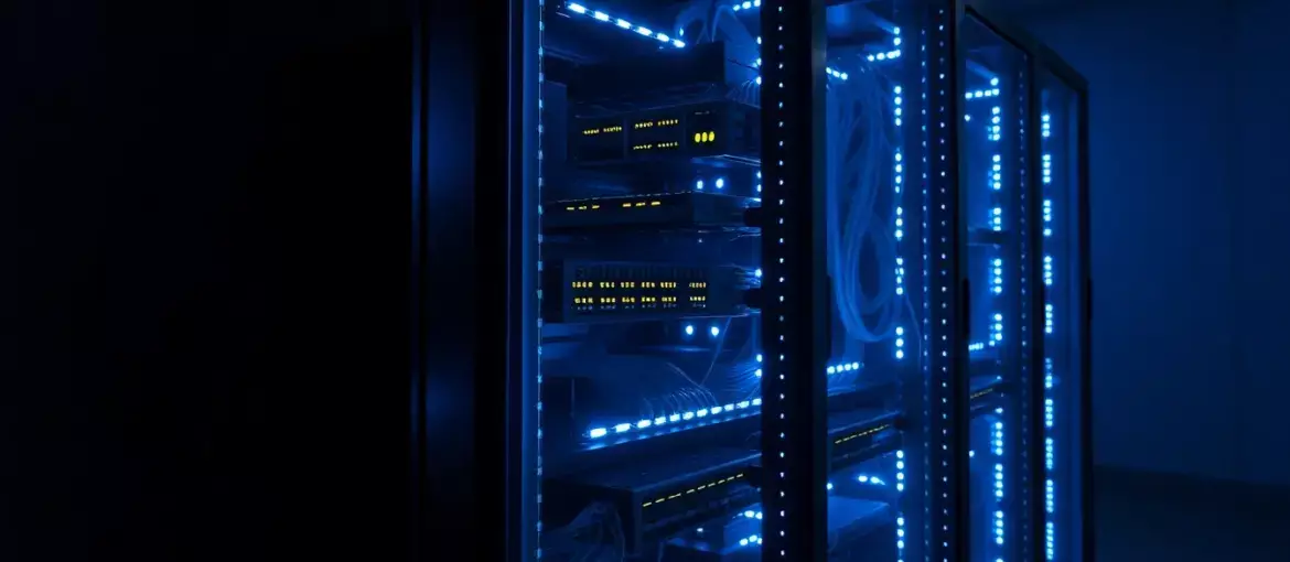 Rack de servidores de vidrio con luces LED azules y cables conectados, simbolizando arquitectura backend moderna y precisa.