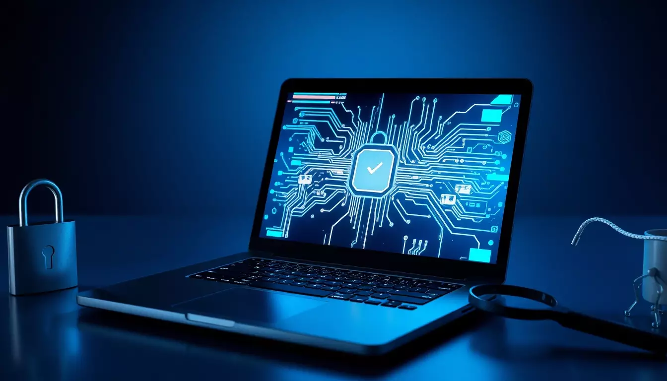 Espacio moderno con laptop encendida y pantallas digitales superpuestas, destacando seguridad cibernética en entorno futurista.