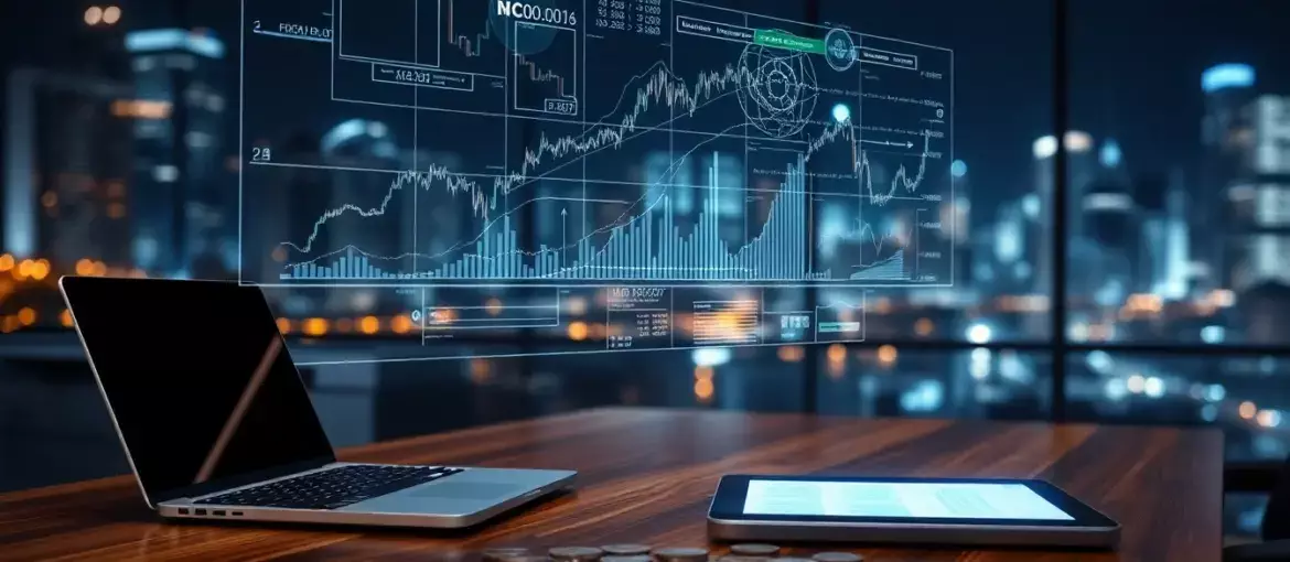 Espacio de trabajo moderno con interfaz holográfica mostrando gráficos financieros y monedas metálicas sobre escritorio de madera.