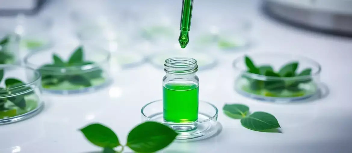 Pipeta de laboratorio dispensando líquido verde sobre vial, rodeado de platos Petri y hojas, resaltando innovación biotecnológica.